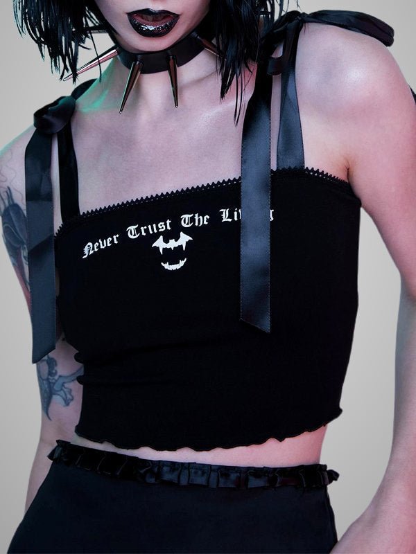 Dark Style Statement Letter Printed Lace Up Midriff Spaghetti with Laciness