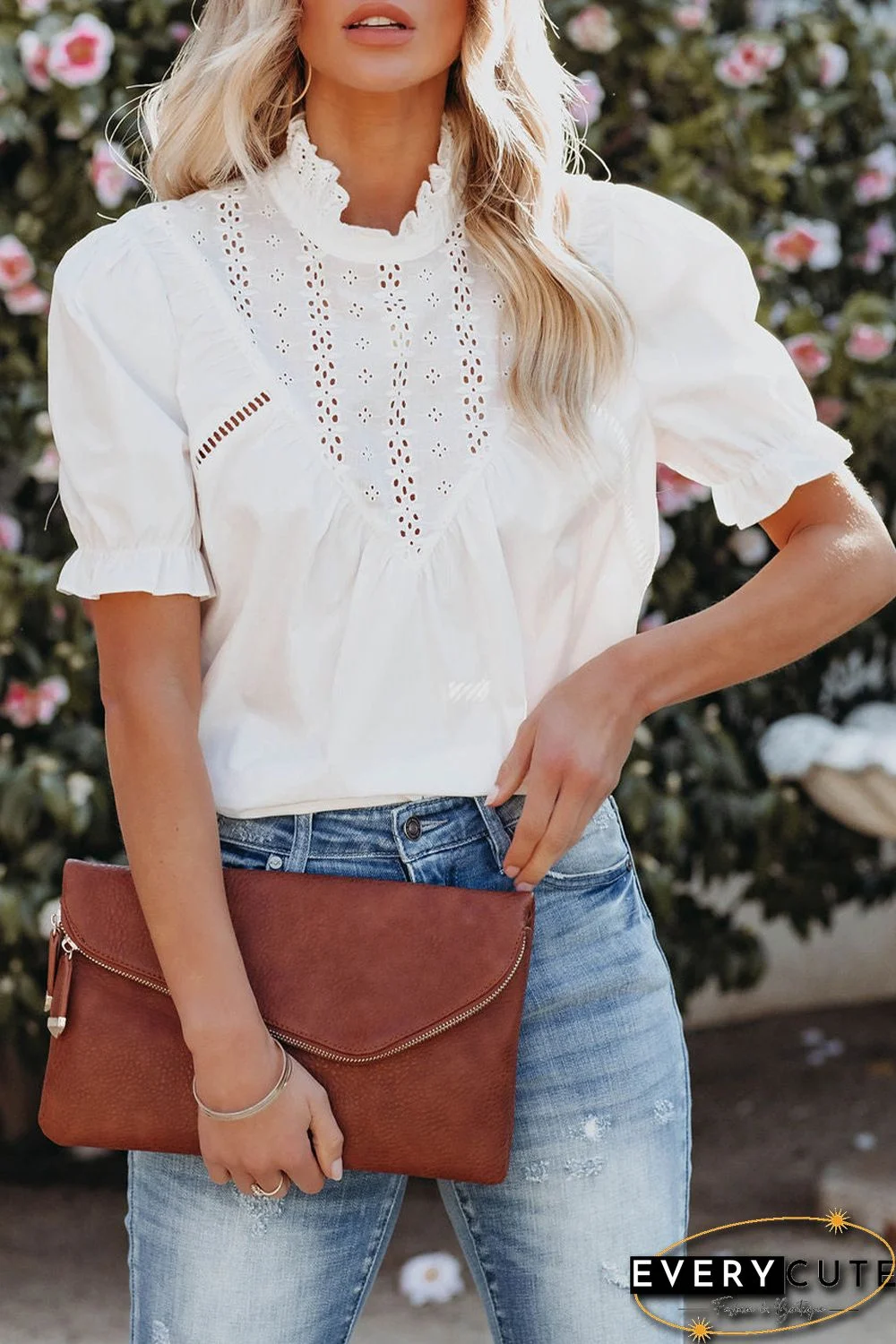White Frilled High Neck Eyelet Pattern Puff Sleeve Top