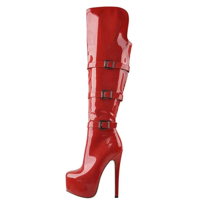 Onlymaker Women's Platform Round Toe Stiletto Side Zipper Knee High Boots16CM High Heel Patent Leather Red Long Boots For Winter