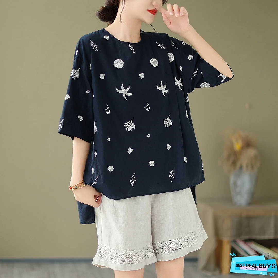 Women Summer Loose Casual Embroidery T-Shirt