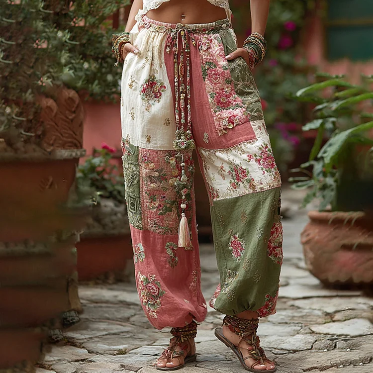 Women's Retro Floral Patchwork Art Casual Pants