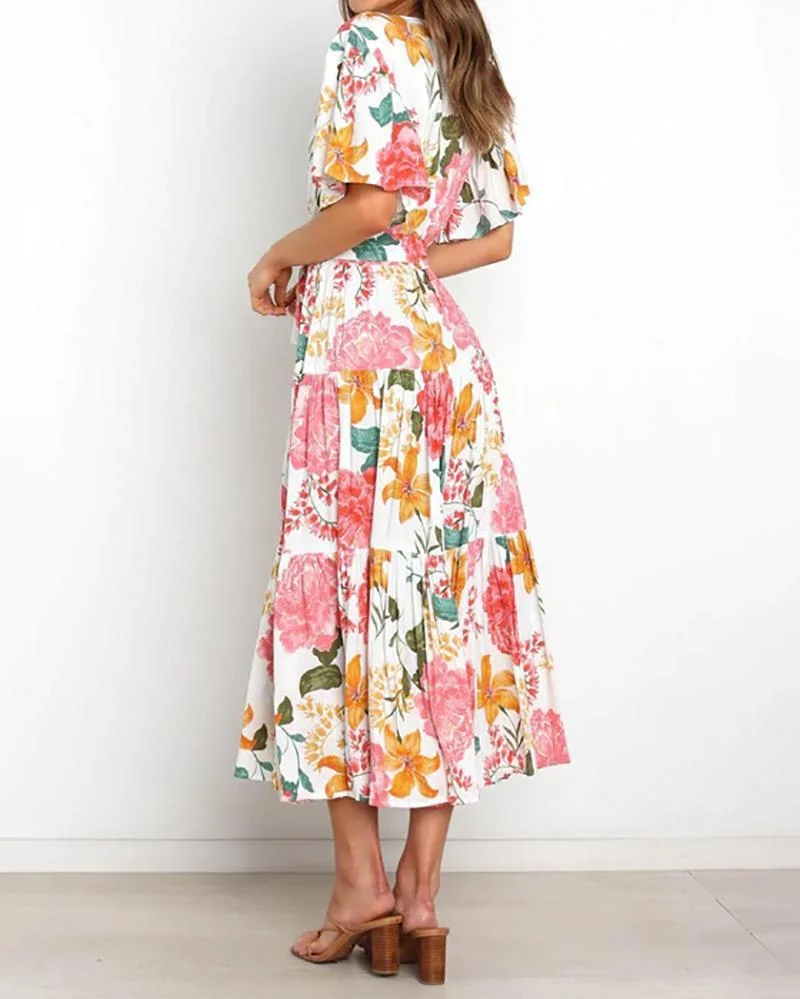 Commuter v-neck short-sleeved printed dress