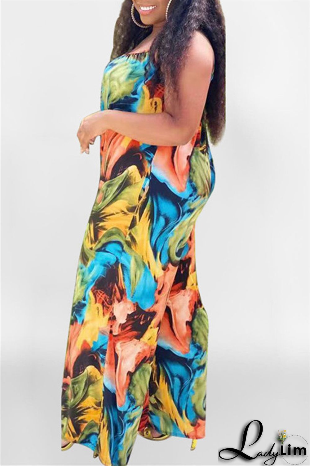 Coffee Sexy Casual Print Backless Spaghetti Strap Plus Size Jumpsuits