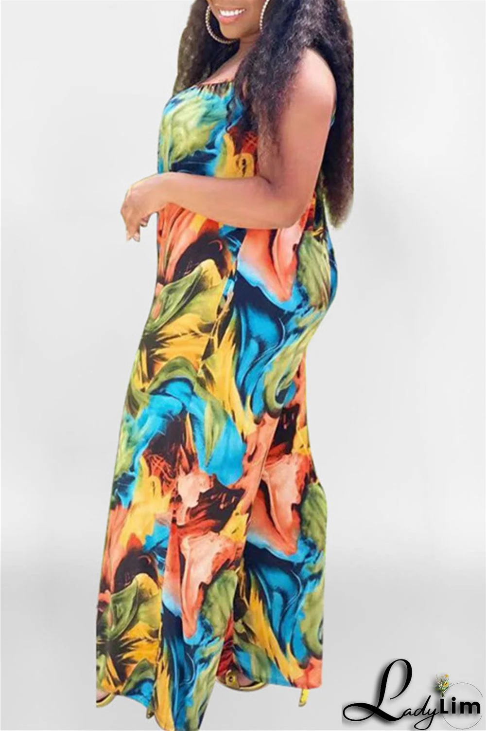 Coffee Sexy Casual Print Backless Spaghetti Strap Plus Size Jumpsuits