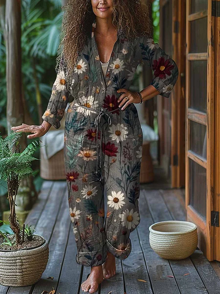 Women's Colorful Daisy Print Casual Cotton Wide Leg Jumpsuit