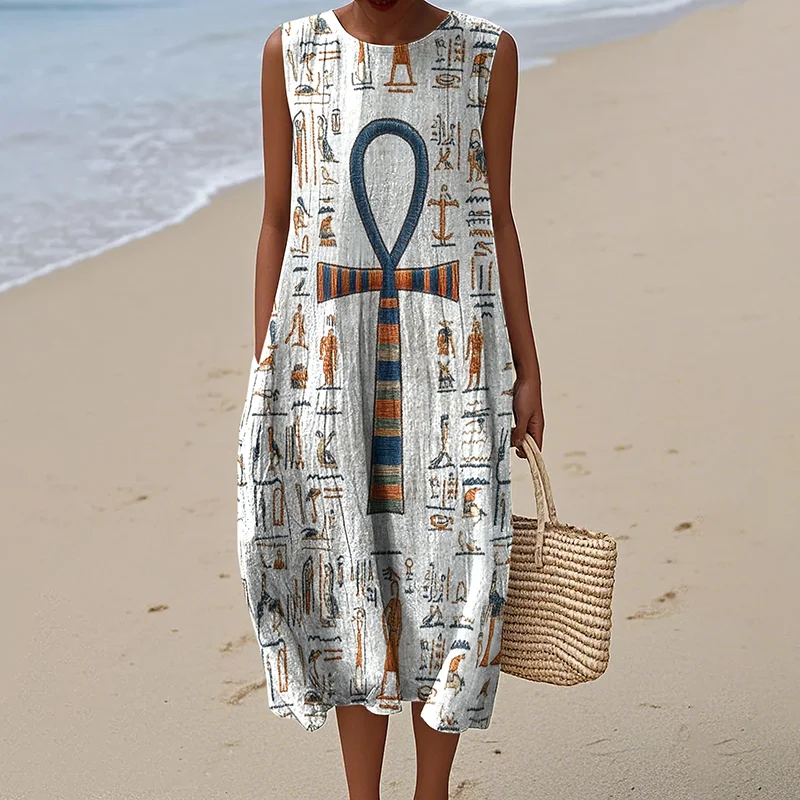 Ancient Egyptian Inspired Women's Vintage Linen Casual Sleeveless Dress
