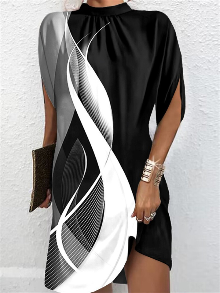 Women's Fashion Round Neck Loose Short-sleeved Bat Sleeve Round Neck Dress Printed Dresses