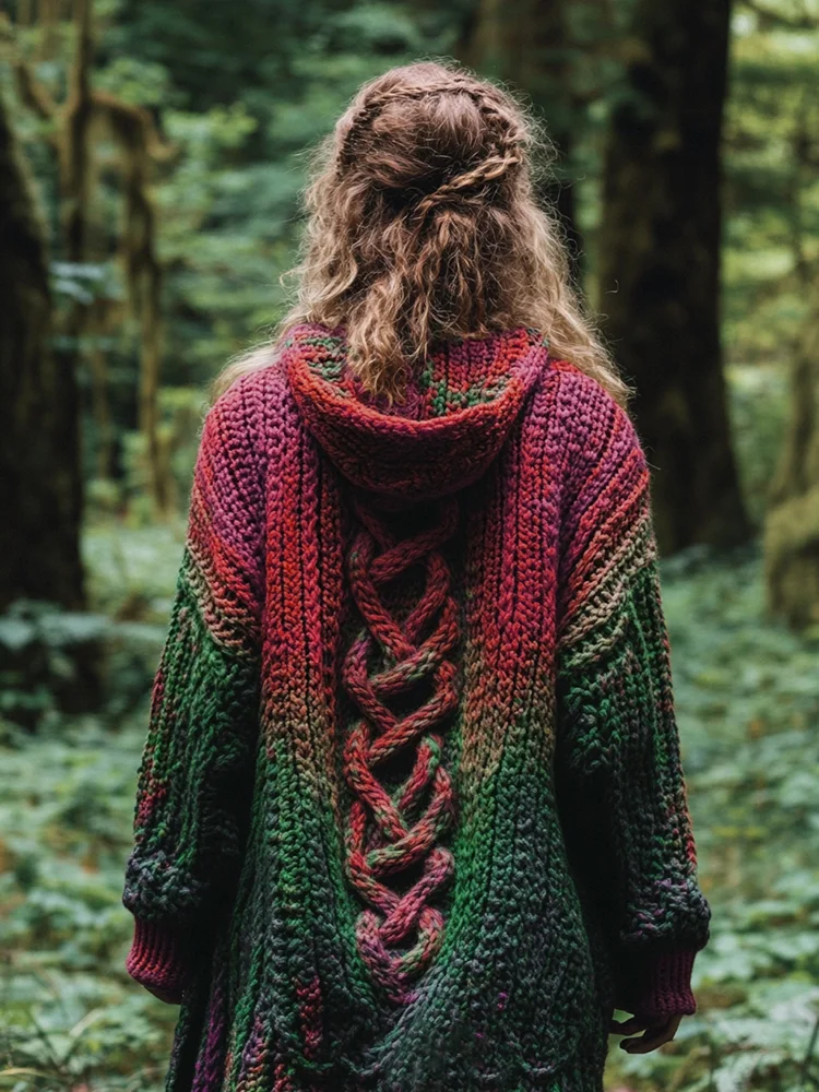 VChics Women's Celtic Knot Retro Rainbow Chunky Knit Hooded Cardigan