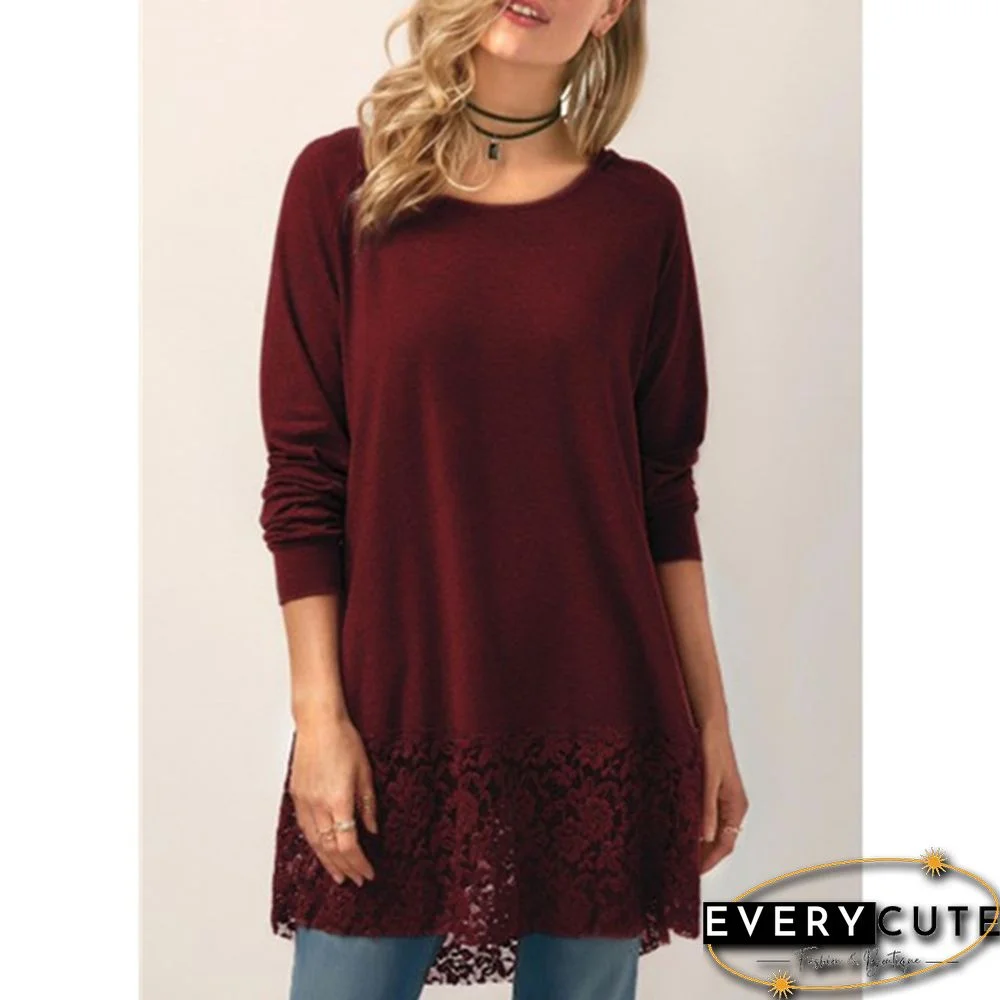 Women Fashion Solid Color Hoodies Long Sleeved T-shirt Autumn Lace Hooded Sweater Plus Size