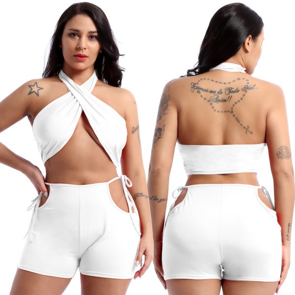 Casual Two Piece Set Women Summer Nightclub Outfits Halter Crop Top With Cut-Out Drawstring Shorts - Shop Trendy Women's Fashion | TeeYours