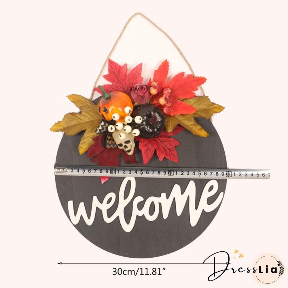 Wooden Door Sign Skull Pumpkin Wreath Wall Hanger Decor For Halloween