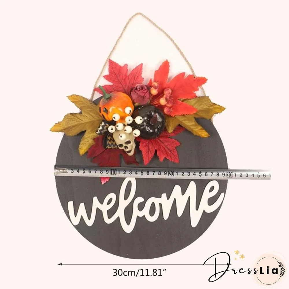 Wooden Door Sign Skull Pumpkin Wreath Wall Hanger Decor For Halloween