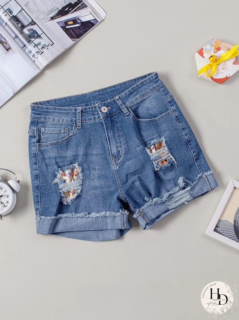 Stylish Distressed Denim Shorts with Floral Applique