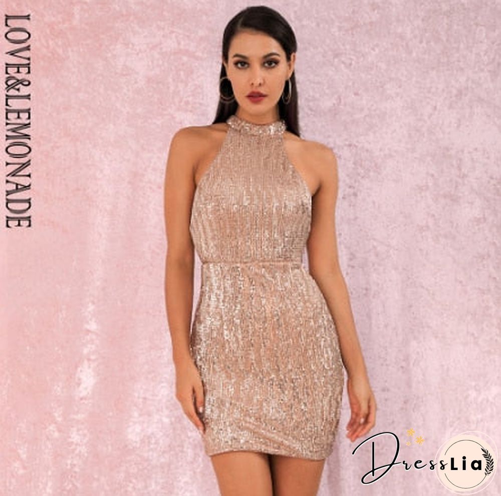 LoveLemonade Rose Gold Sexy Open Back Halter Dry Shoulder Slim Elastic Sequin Mini Party