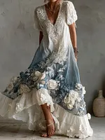 Women's Retro White Rose Embroidery Pattern Gradient Short Sleeve Dress