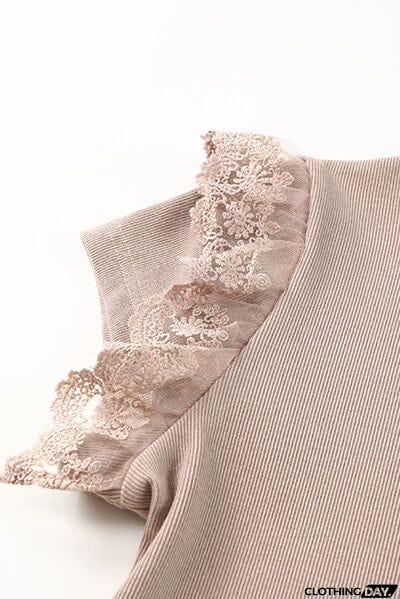 Lace Detail Round Neck Cap Sleeve T-Shirt