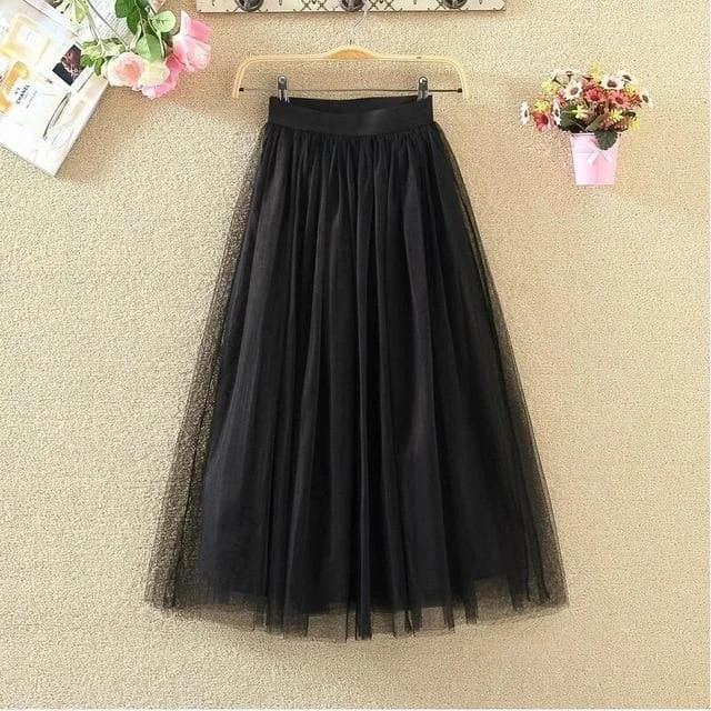 Simple Solid Color Long Pleated Tulle Skirt