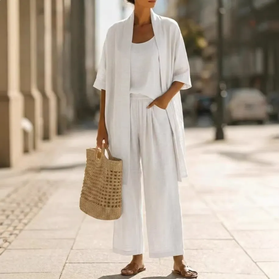 Women's Linen Blend 3-Piece Outfit, Cami Top, Open Front Cardigan and Wide Leg Pants Set