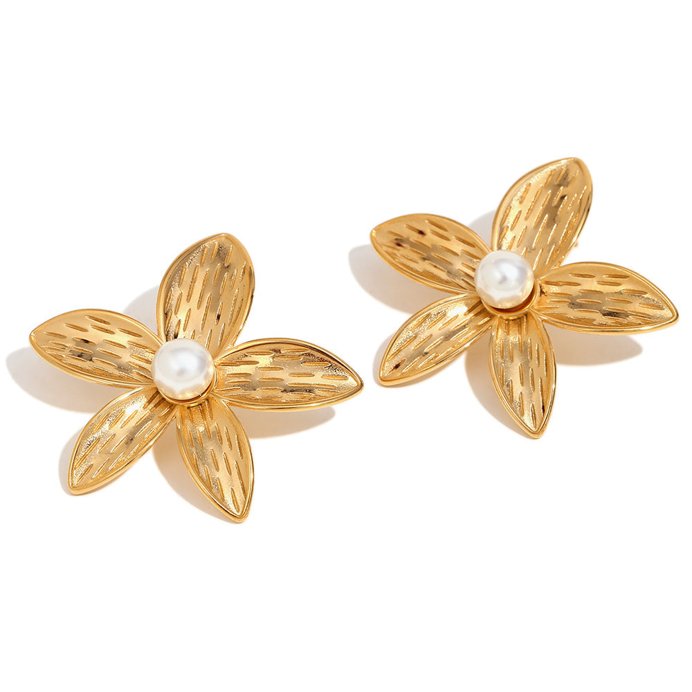 Vintage Earrings Stainless Steel 18K Gold Plated Frangipani Pearl Flower Ring For Women