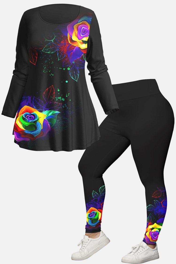 Flycurvy Plus Size Casual Black Colorful Floral Print Two Piece Pant Set  flycurvy [product_label]