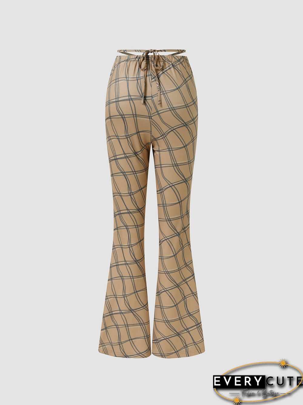 Check Print Tie Waist Hollow Bootcut Leg Pants