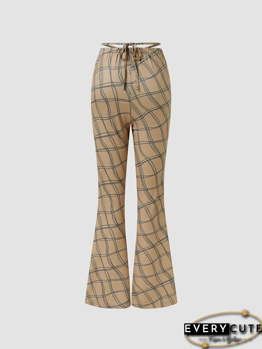 Check Print Tie Waist Hollow Bootcut Leg Pants