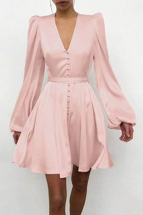 Solid Round Neck Puff Long Sleeve Midi Dress main image 0