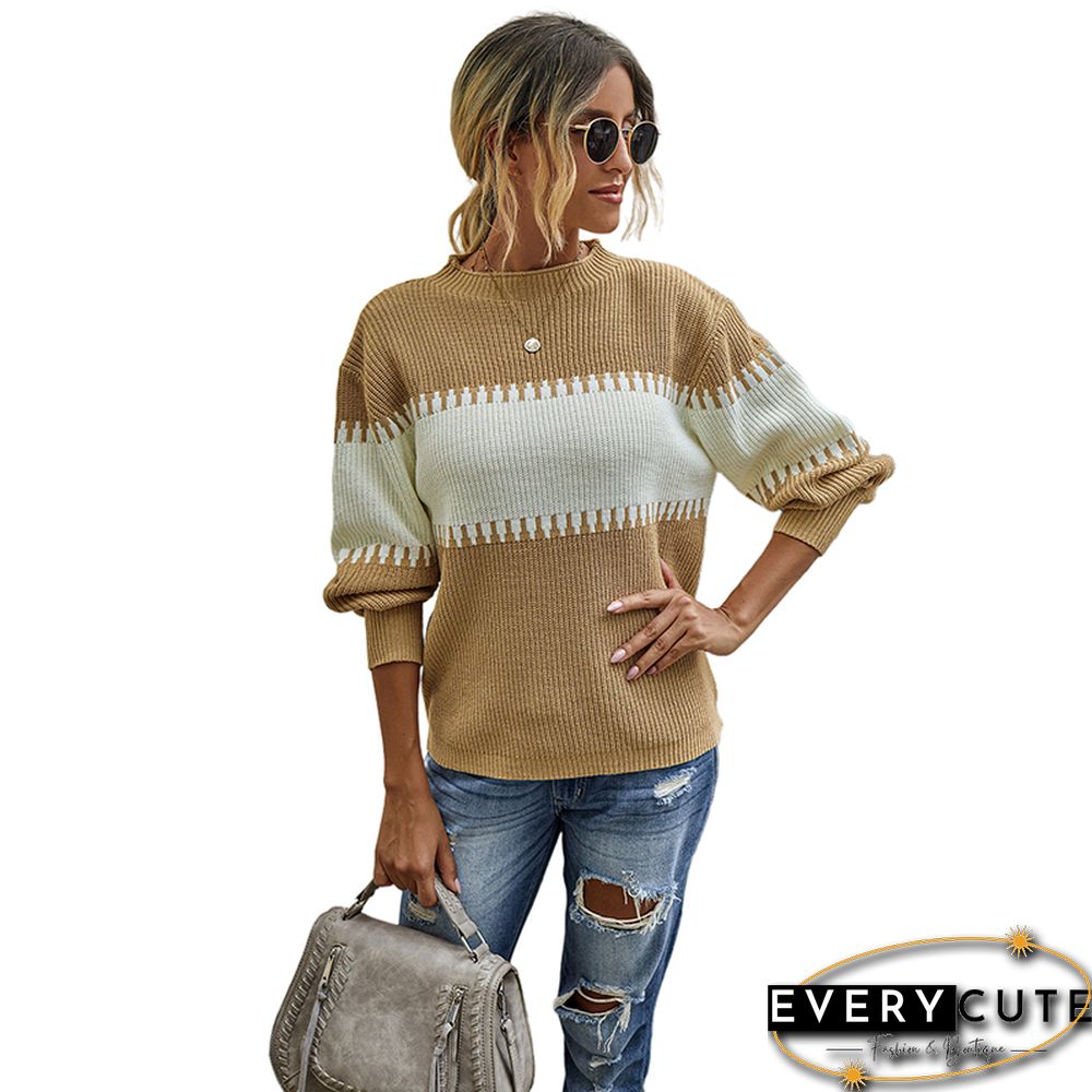 Khaki Color Block High Neck Woolen Sweater