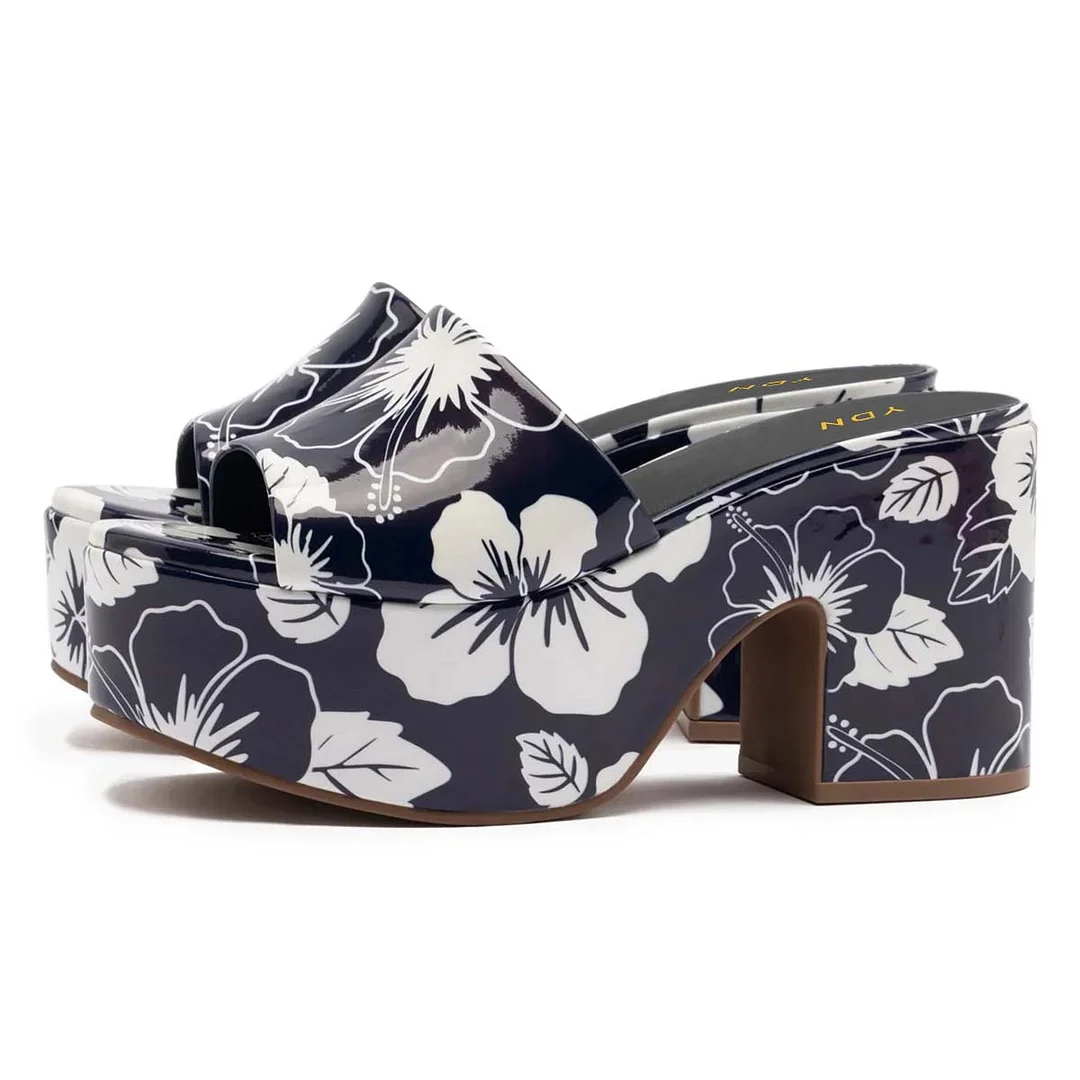 Navy & White Floral Print Open Round Toe Platform Heel Sandals