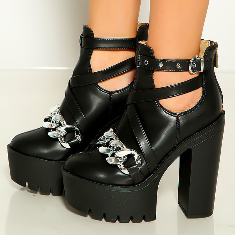 GOOSHOE Hollow Out Ankle Boots Chunky Heel Metal Buckle Shoes