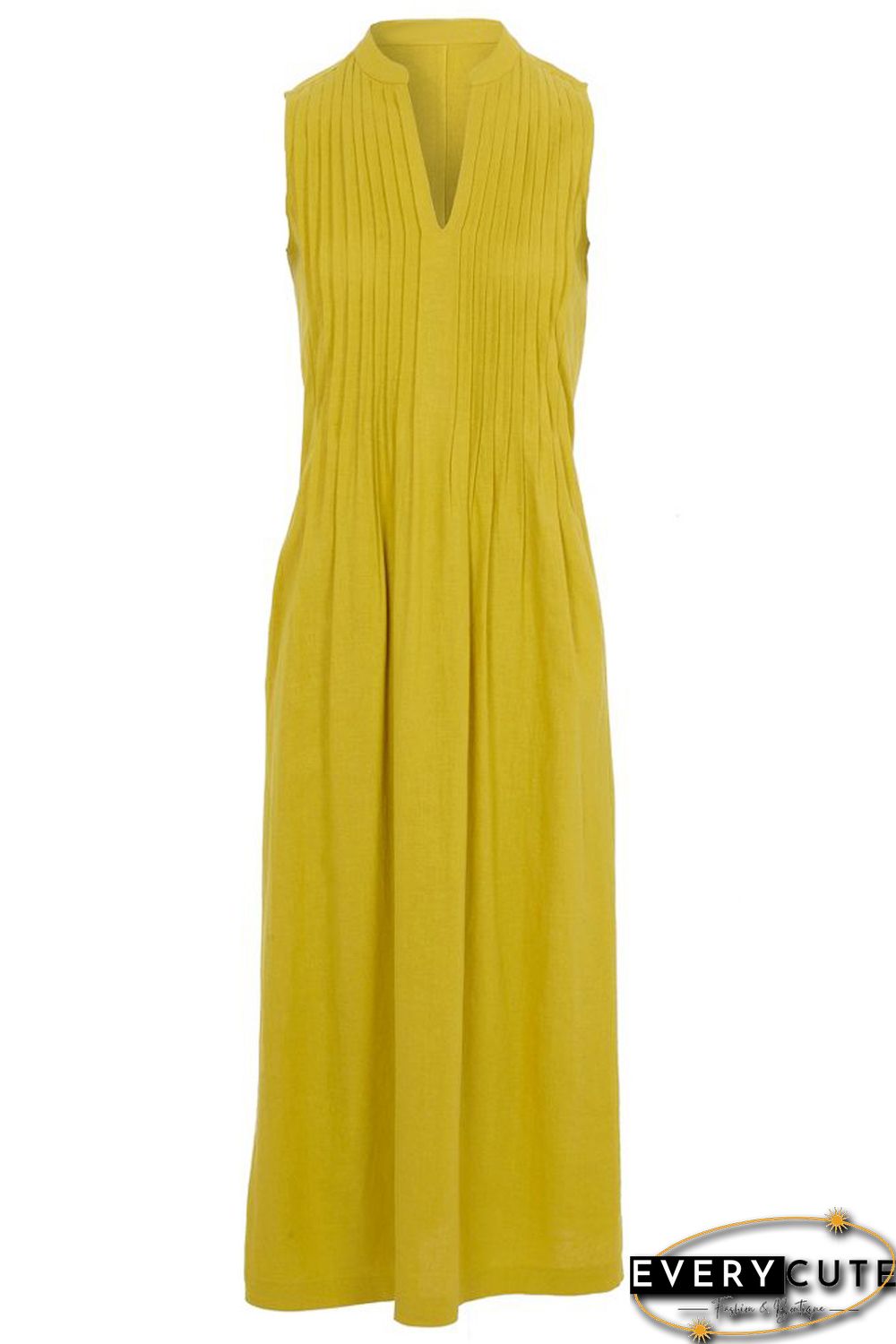 Yellow V Neck Pleated Sleeveless Dress
