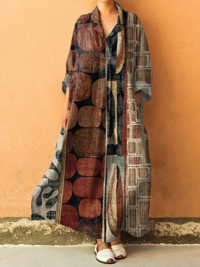 Vintage Geometric Pattern Printed Women's V-Neck Pocket Cotton Dress