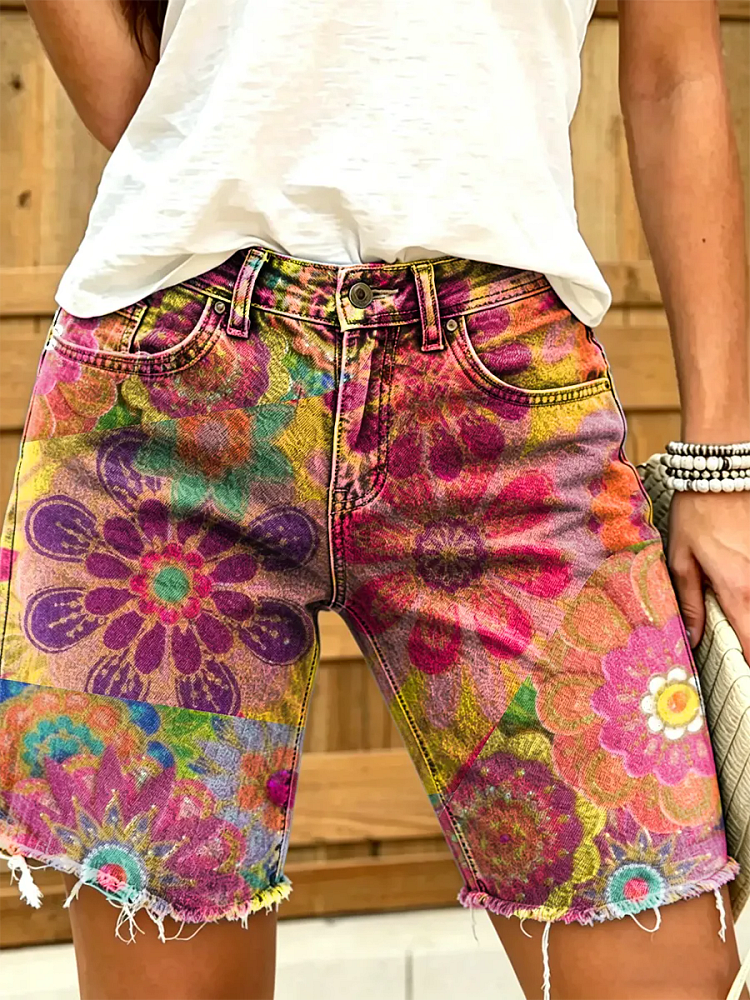 Ethnicity Geometry Flowers Patchwork Women's Art Print Casual Denim Shorts