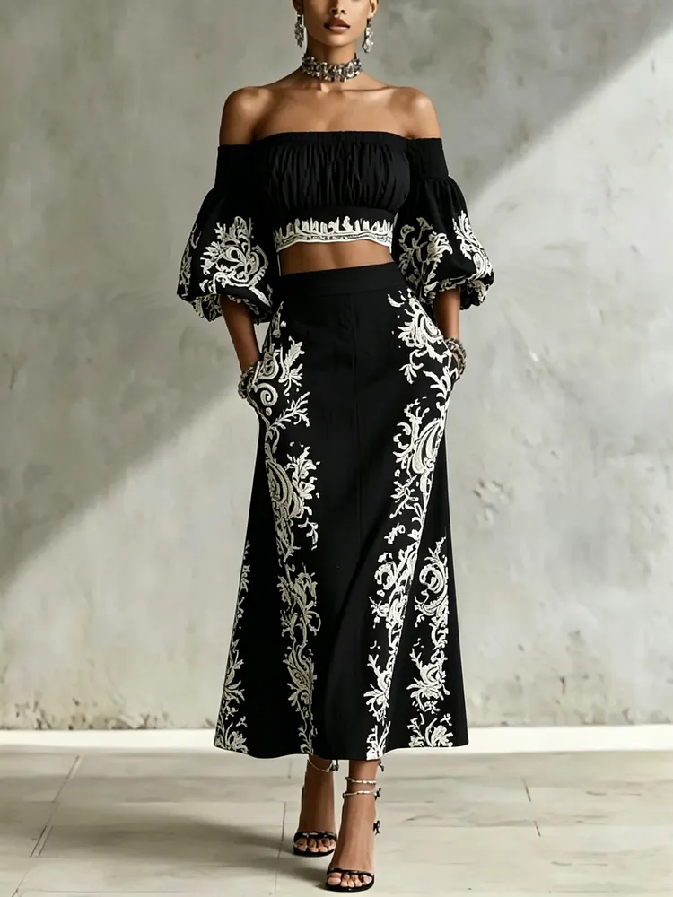 Women's Elegant Off-Shoulder Print Two-piece Set