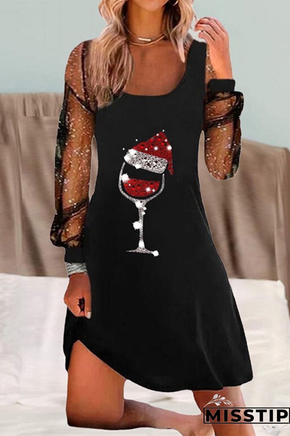 Burgundy Casual Print Patchwork U Neck Long Sleeve Dresses