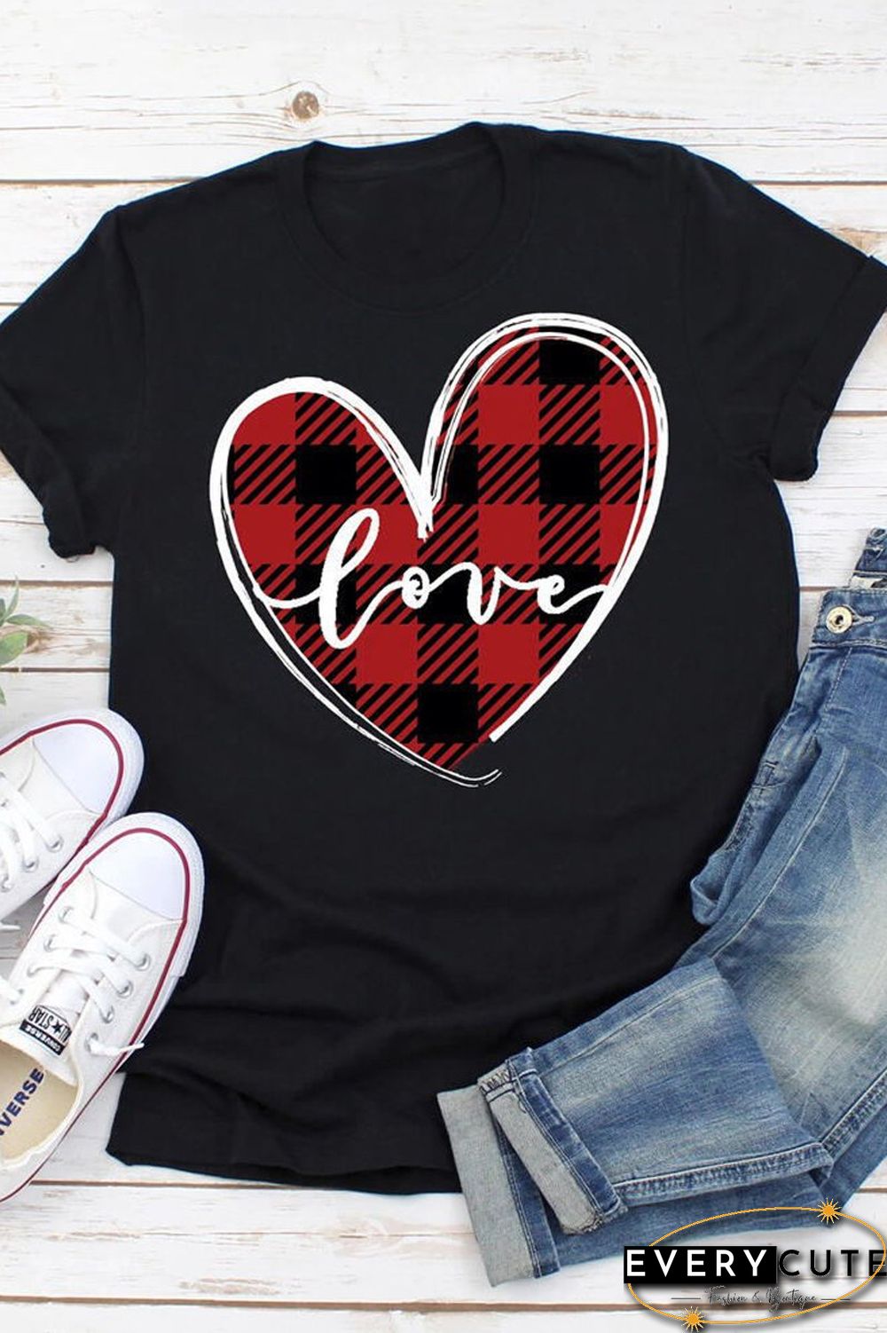 Heart-Shaped Plaid Print T-Shirt