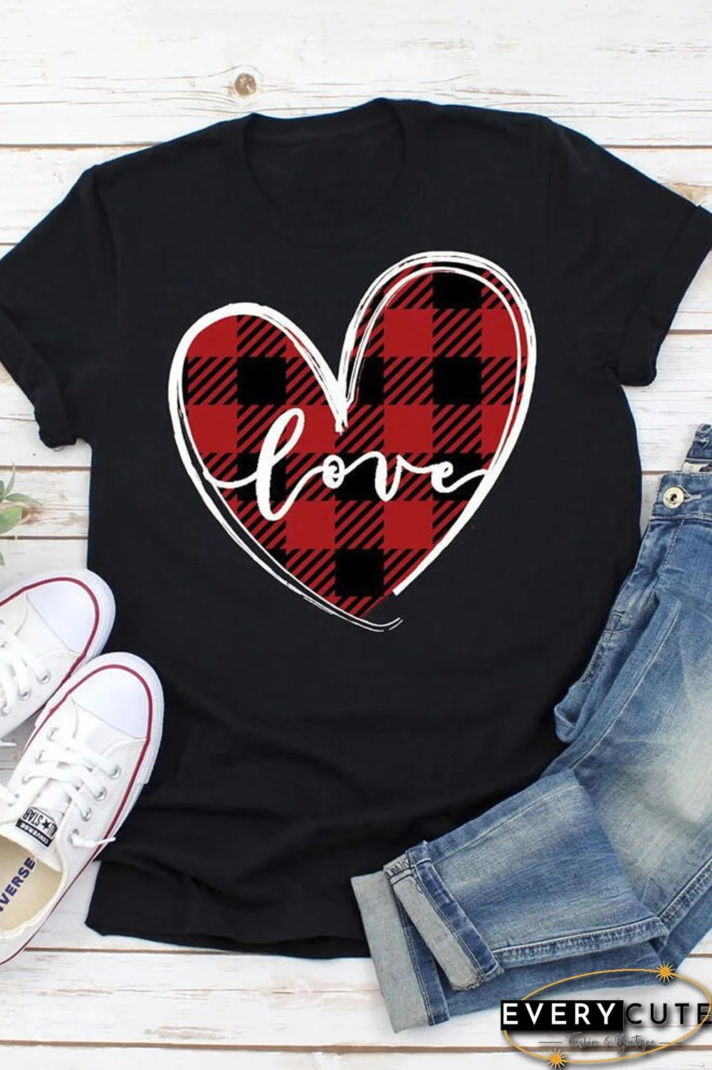 Heart-Shaped Plaid Print T-Shirt