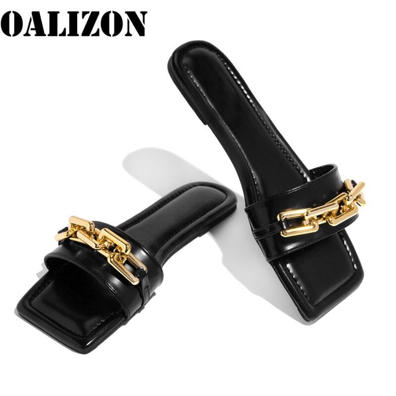 New Summer Women's Flats Slippers Sandals Sexy Square Toe Chain Shoes Woman Female Flip Flops Casual Slides Slippers Mules Shoes