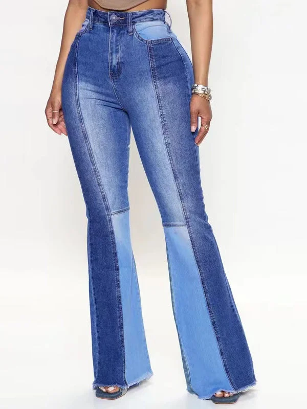 Women's Two-color Splicing Micro-flared Stretch High-waisted Jeans Pants