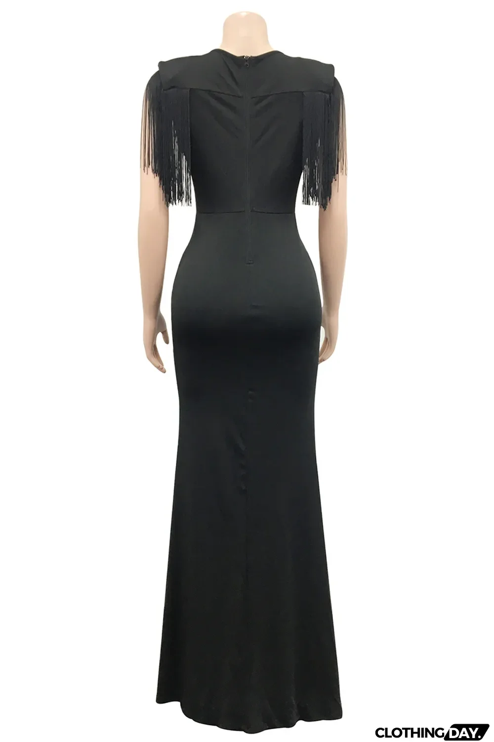 Black Fashion Sexy Solid Tassel Patchwork V Neck Long Dress