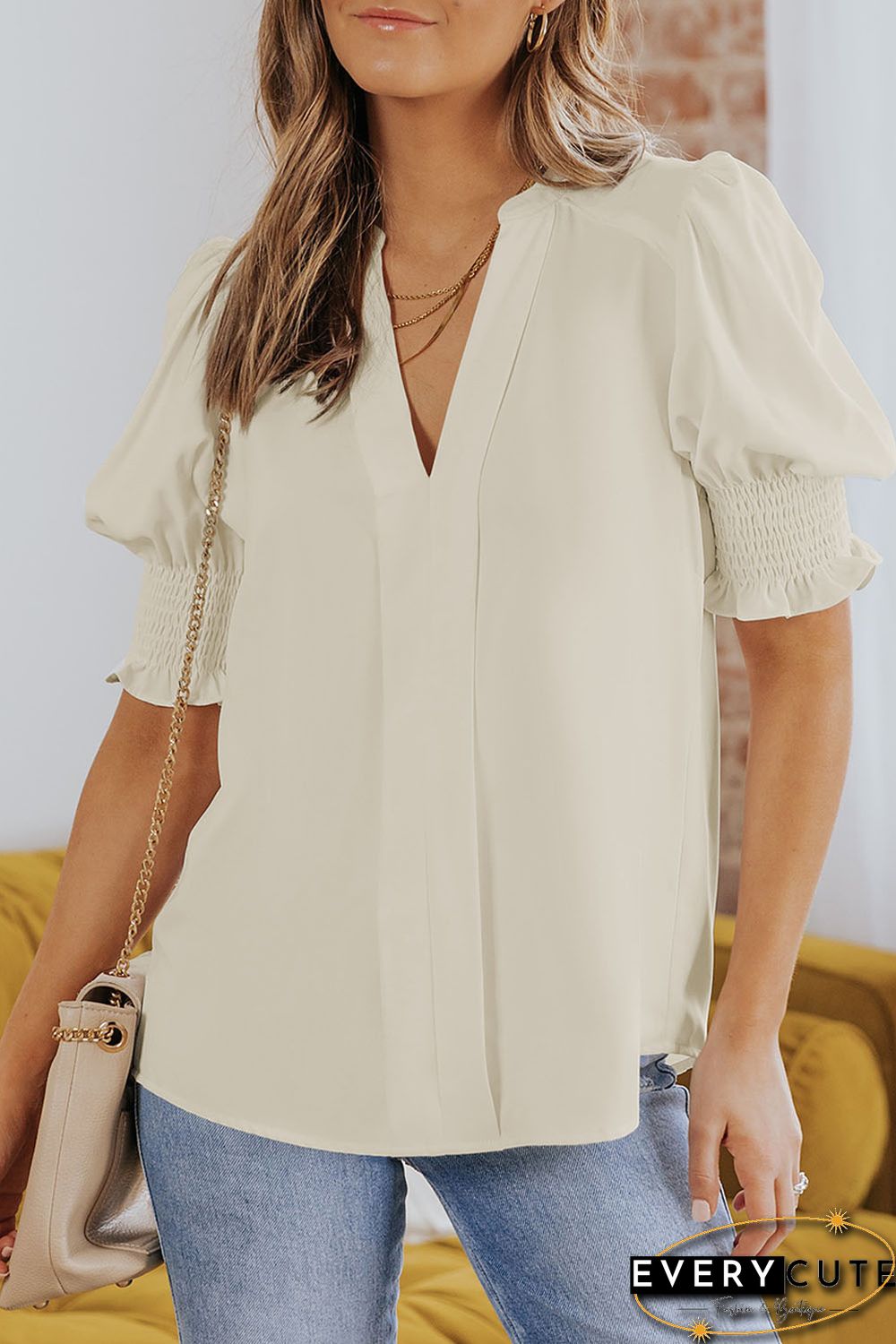 Apricot Solid Color Half Sleeve V Neck Blouse