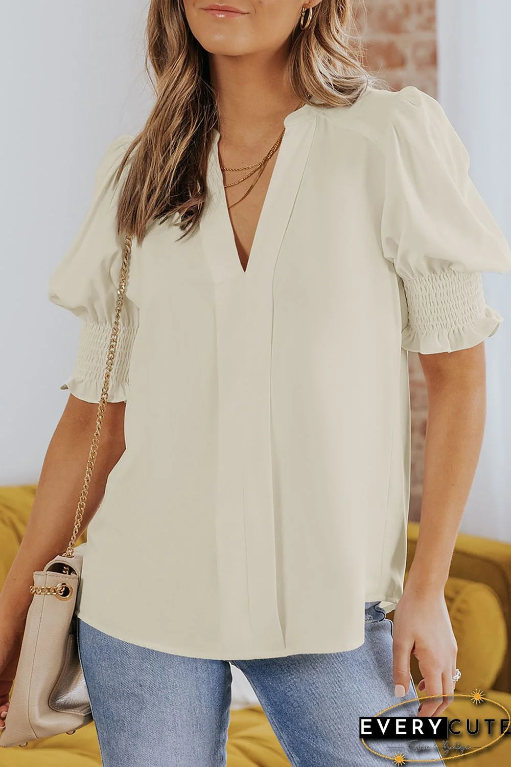 Apricot Solid Color Half Sleeve V Neck Blouse