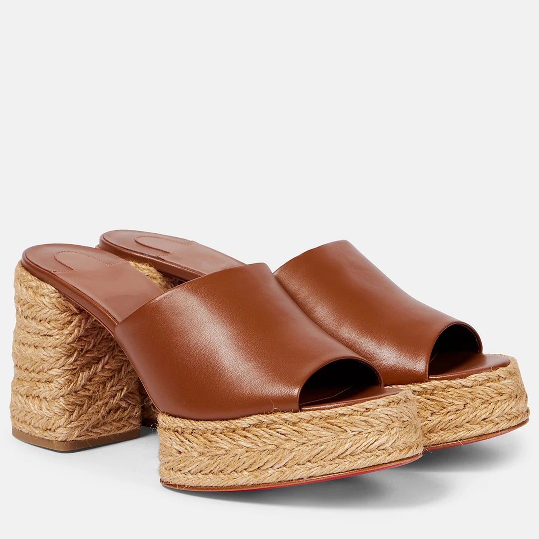 85mm Women's Chunky Red Bottom Sandals Waterproof Platform Straw Rope Mules Sandals-MERUMOTE