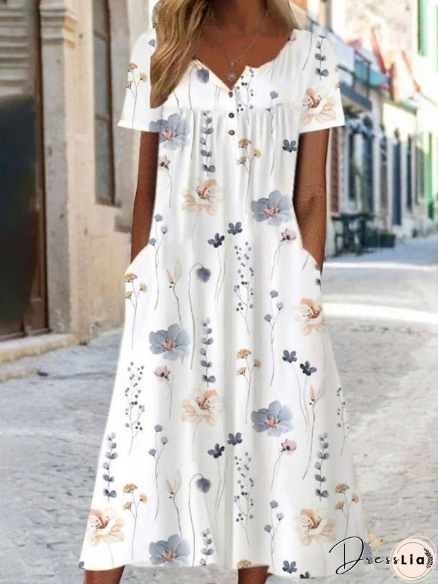 Casual Dress A Line Dress Summer Dress Floral Paisley Pocket Print V Neck Midi Dress Fashion Modern Daily Holiday Short Sleeve Regular Fit White Cream Blue Summer Spring S M L XL XXL for Women