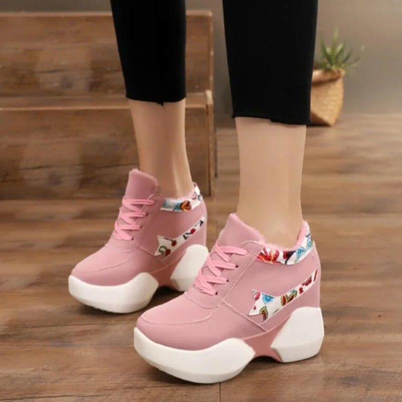 Heel Shoes Women Inner Heightening Sports Shoes Fashion Flower Wedge Female Sport Shoes Student Sneakers Autumn Winter 2022 W504