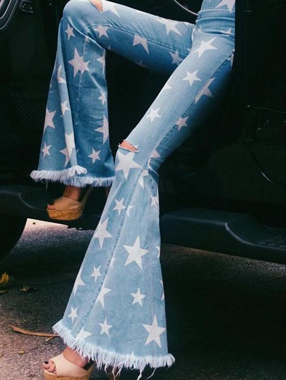 Fashion Star Print Ripped Fringed Flared  Jeans