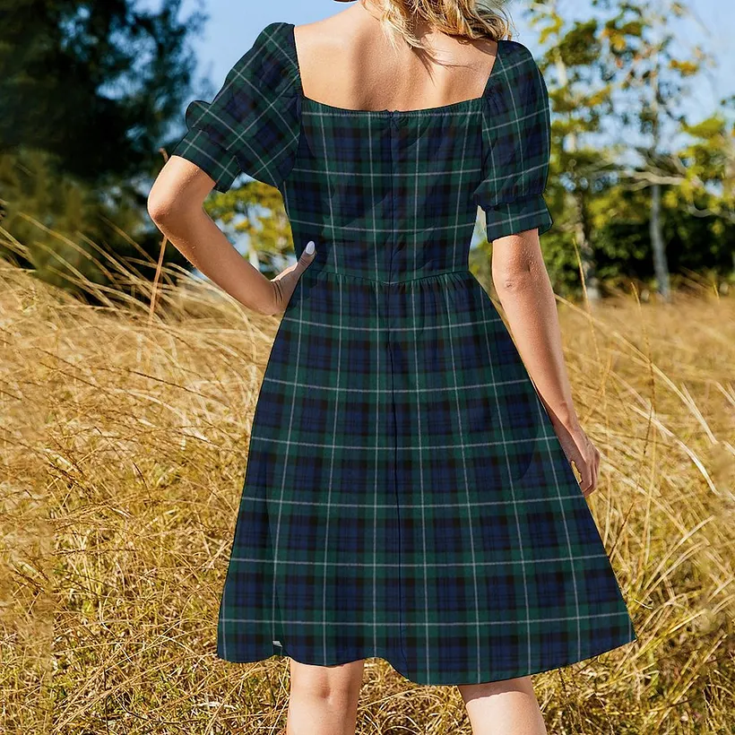 SFNEEWHO Tartan Plaid Navy And Hunter Green Plaid Dress Women Boho High Waist Flared Puff Sleeve Cute Sweetheart Midi Dress