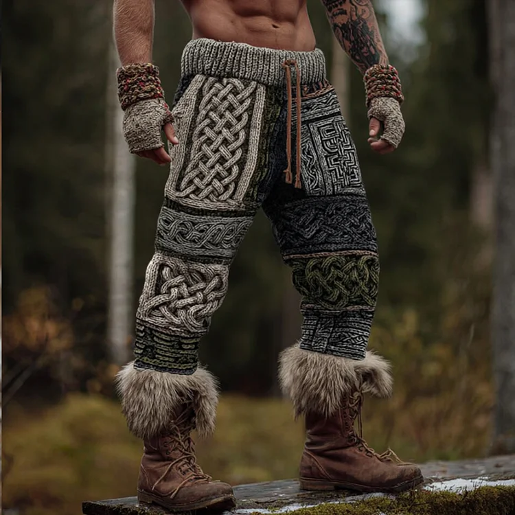 Men's Viking Style Celtic Knot Multi-color Knitting Patchwork Casual Pants