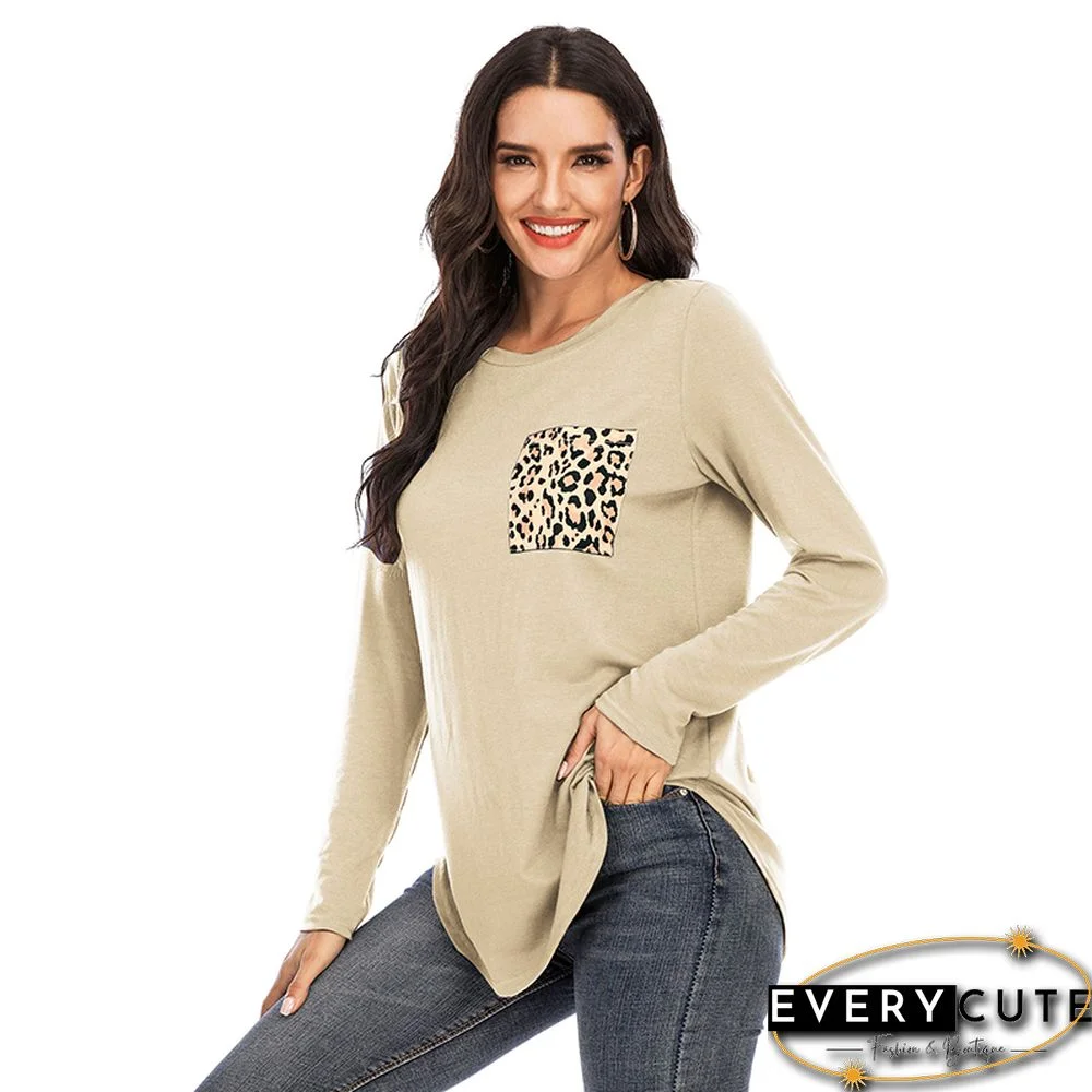 Khaki Leopard Pocket Long Sleeve Tops