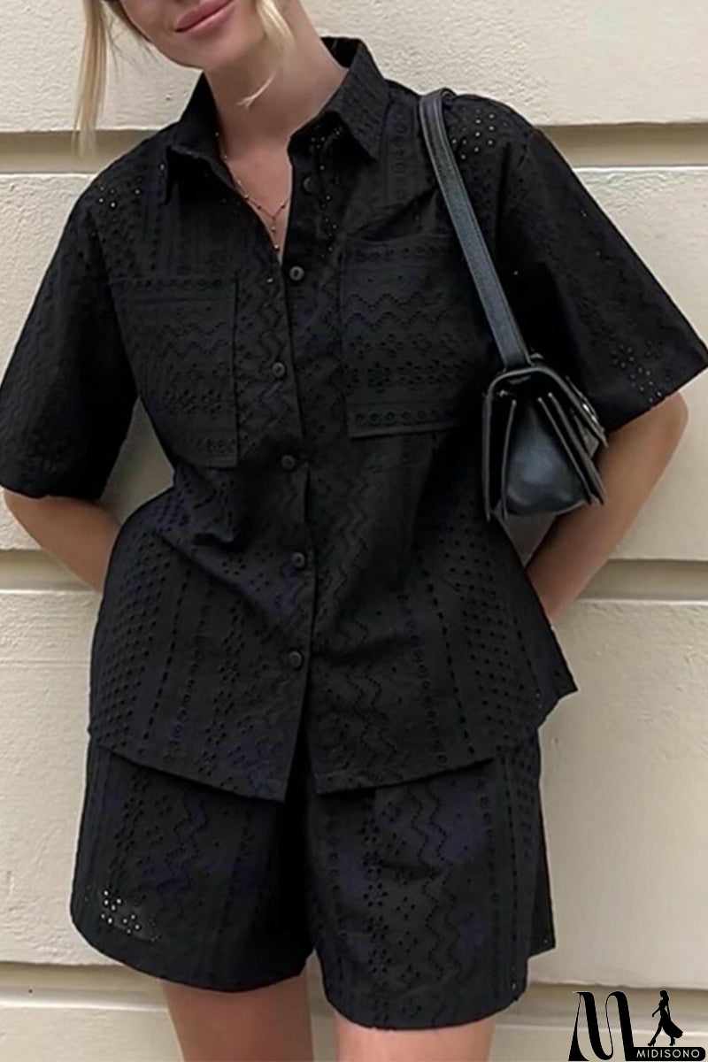 MidiSono - Casual Daily Solid Color Lace Pocket Turndown Collar Short Sleeve Two Pieces